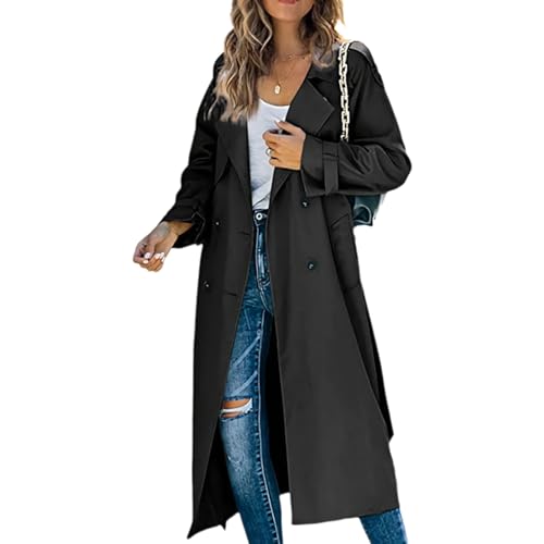 GOZYLA Zweireihiger Duster Trenchcoat für Damen Schmaler Maxi Langmantel in Voller Länge Geeignet für Frühlings und Herbstkleidung (Color : Schwarz, Size : XL) von GOZYLA