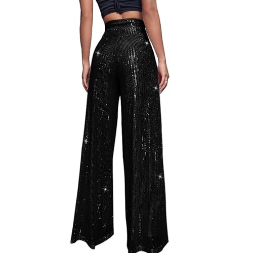 Glitzerhose Pailletten Hose Vintage Hose Damen Pailletten Party Mode Lässig Hohe Taille Frauen Hosen Retro Breite Bein Hosen Frauen Softshell Damen Hose Glitzer Hose Sequin (Color : Schwarz, Size : von GOZYLA