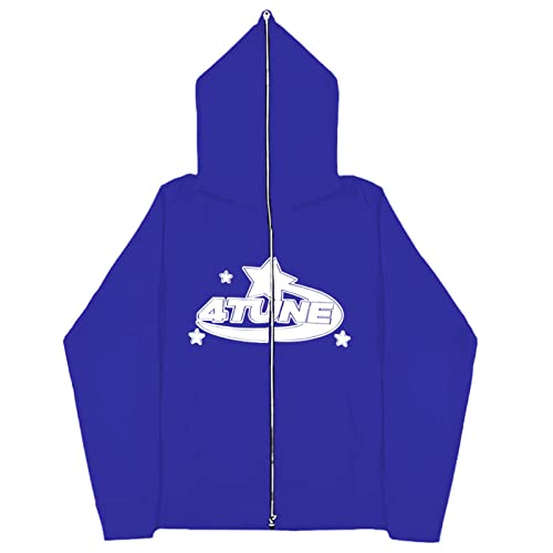 Kapuzenjacke Full Face Zipper Hoodie Retro Star Letter Print Jacke Y2k Übergroße Kapuzenpullover Zip Hoodie Herren, Vintage Monogram Print Harajuku Oversized Y2k Jacke Hoodie ( Color : A-Blue , Size : von GOZYLA