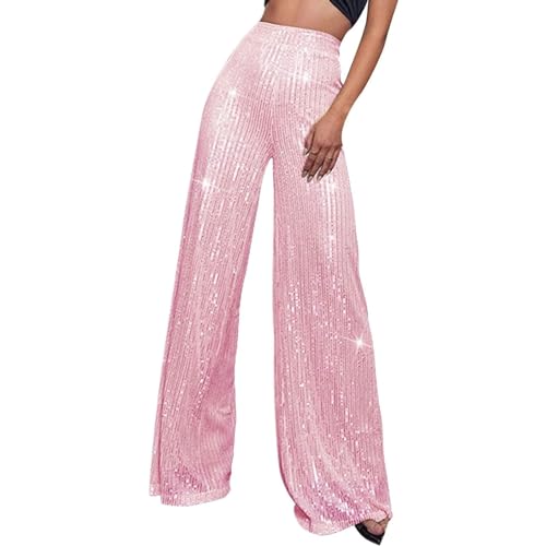 Pailettenhose Damen Hohe Taille Schlaghose Karneval Festliche Hosen Party Glitzer Weites Bein Lang Hosen Silvester Outfit Bootcut Palazzo Hose Elastisch Bequeme Freizeithose ( Color : Pink , Size : L von GOZYLA