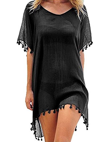 GPLOPEEY Chiffon Strandbekleidung für Damen Quasten Bikini Oberteil Solides Strandkleid See Through Badeanzug Sommerkleid Bademode (Black, One Size) von GPLOPEEY