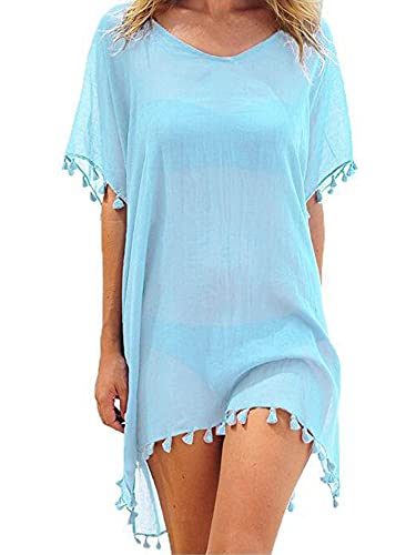 GPLOPEEY Chiffon Strandbekleidung für Damen Quasten Bikini Oberteil Solides Strandkleid See Through Badeanzug Sommerkleid Bademode (Light Blue, One Size) von GPLOPEEY