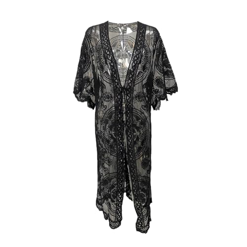GPLOPEEY Damen Bikini Cover Up Floral Crochet Lace Cardigan Long Smock Kimono Sommer Bademode Urlaub, 02 Schwarz, One size von GPLOPEEY