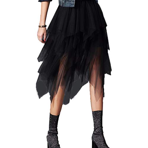 GPLOPEEY Damen Y2k Tüllrock Mehrlagiger Tutu-Rock mit hoher Taille Unregelmäßiger, plissierter, elastischer A-Linien-Midirock Streetwear (01 Black, One Size) von GPLOPEEY