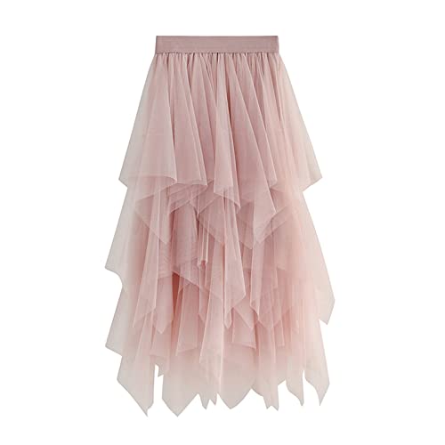GPLOPEEY Damen Y2k Tüllrock Mehrlagiger Tutu-Rock mit hoher Taille Unregelmäßiger, plissierter, elastischer A-Linien-Midirock Streetwear (02 Pink, One Size) von GPLOPEEY