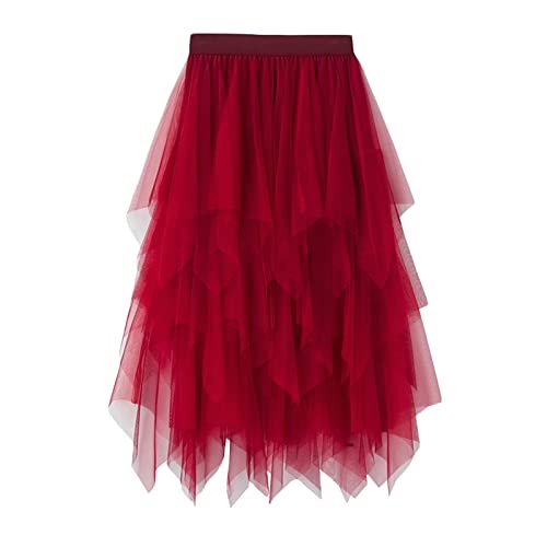 GPLOPEEY Damen Y2k Tüllrock Mehrlagiger Tutu-Rock mit hoher Taille Unregelmäßiger, plissierter, elastischer A-Linien-Midirock Streetwear (03 Red, One Size) von GPLOPEEY