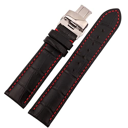 GQMYOK Uhrenarmband aus echtem Leder, Schwarz mit roten Nähten, 18 mm, 19 mm, 20 mm, 21 mm, 22 mm, 23 mm, 24 mm, 23 mm, Achat von GQMYOK
