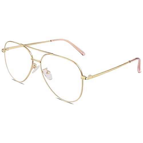 GQUEEN Pilot Stil Fake Brille Ohne Stärke Damen Herren Retro Metallrahmen UV400 von GQUEEN