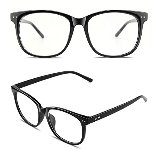 GQUEEN Hornbrille Brille Ohne Stärke Fake Brille Nerdbrille Damen Herren Großer Rahmen UV400 Glänzend Schwarz,PE1 von GQUEEN