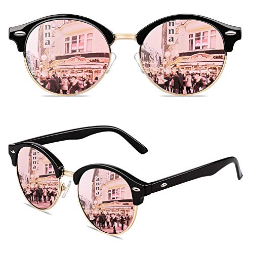 GQUEEN Retro Horn Gestell Halbrahmen Polarisiert Sonnenbrille Verspiegelt Herren Damen Rund von GQUEEN