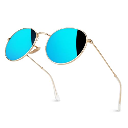 GQUEEN Retro Runde Verspiegelte Polarisierte Sonnenbrille Damen Herren UV400 Schutz MFF7 von GQUEEN