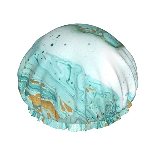 Blaugrüne und goldene Marmor-Druck-Duschhaube für Frauen, wiederverwendbare doppellagige Stoff-Duschhauben, Mädchen-Haarhauben von GQWJKSZ