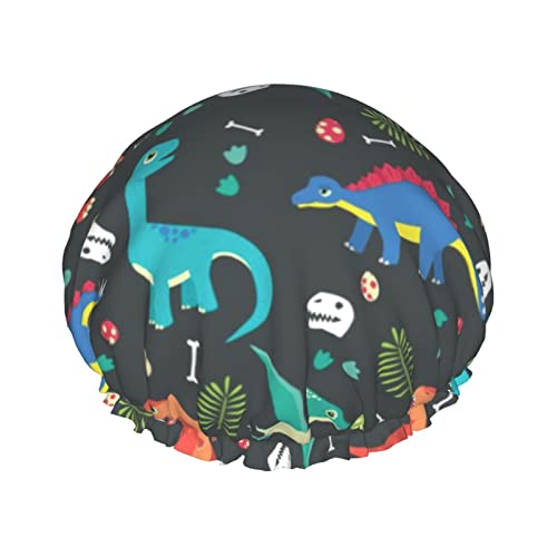Cartoon-Dinosaurier-Druck-Duschhaube für Frauen, wiederverwendbare doppellagige Stoff-Duschhaube, Mädchen-Haarhaube von GQWJKSZ