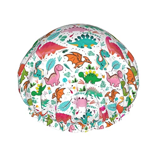 Dinosaurier-Duschhaube, wiederverwendbare Duschhauben für Frauen mit langem Haar, doppellagig, wasserdicht, Bade-Duschhut, Haarschutz, elastisches Band für Kinder, Mädchen, Frauen (Dinosaurier), 10,9 von GQWJKSZ