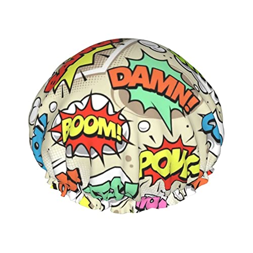 Duschhaube, Comic-Buch-Explosion, wiederverwendbare Bade-Duschhauben für Frauen mit langem Haar, doppellagige, wasserdichte Bade-Duschmütze, Haarschutz für Kinder, Mädchen, Frauen, 1 Packung von GQWJKSZ