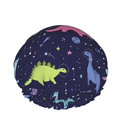 Duschhaube, Dinosaurier-Weltraum, wiederverwendbare Bade-Duschhauben für Frauen mit langem Haar, doppellagiger, wasserdichter Bade-Duschhut, Haarschutz für Kinder, Mädchen und Frauen, 1 Packung von GQWJKSZ