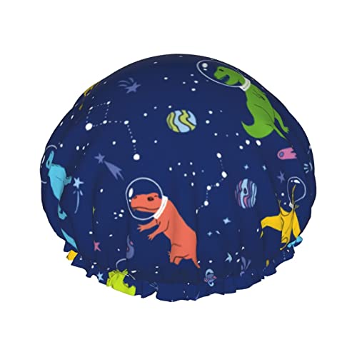 Duschhaube, Weltraum-Dinosaurier, wiederverwendbar, für Damen, langes Haar, doppellagig, wasserdicht, Bade-Duschhut, Haarschutz für Kinder, Mädchen, Frauen, 1 Packung von GQWJKSZ