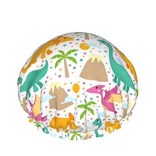 Duschhaube,Dinosaurier-Vulkan-wiederverwendbare Bade-Duschhauben für Frauen mit langem Haar,doppellagiger wasserdichter Bade-Duschhut-Haarschutz für Kinder, Mädchen und Frauen, 1 Packung von GQWJKSZ