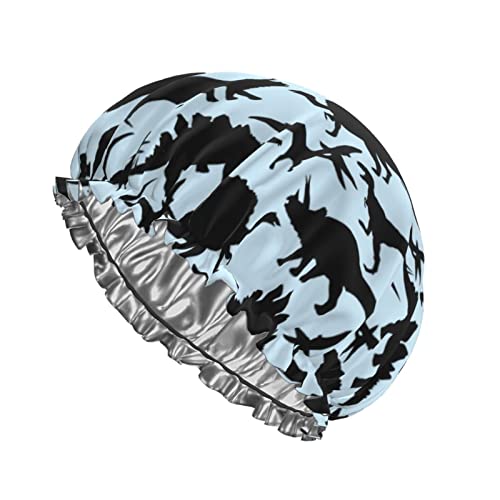 Duschhaube mit Dinosaurier-Silhouette für Damen, wasserdicht, waschbar, Schlafkappen aus Satin, wiederverwendbar, PEVA-Futter, verstellbarer, elastischer Saum für alle Badehüte mit langen Haaren von GQWJKSZ