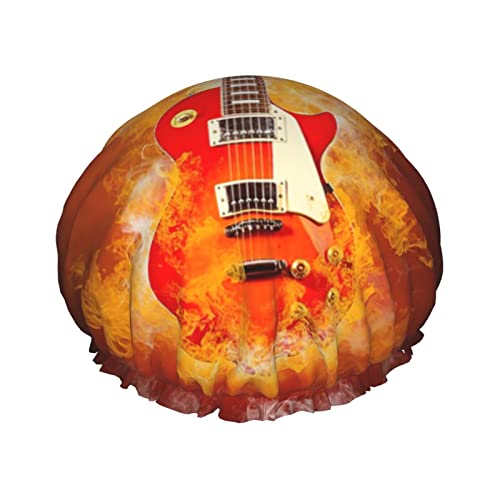 Duschhaube mit Rock-Gitarre-In-Burning-Print für Frauen, wiederverwendbare Duschhaube aus doppellagigem Stoff, Haarkappe für Mädchen von GQWJKSZ