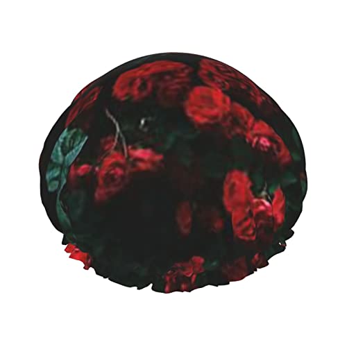 Duschhaube mit rotem und schwarzem Rosendruck für Damen, wiederverwendbar, doppellagige Duschhaube aus Stoff, Haarkappe für Mädchen Duschhaube mit rotem und schwarzem Rosendruck für Damen, wiederverwendbar, doppellagige Duschhaube aus Stoff, Haarkappe für Mädchen von GQWJKSZ