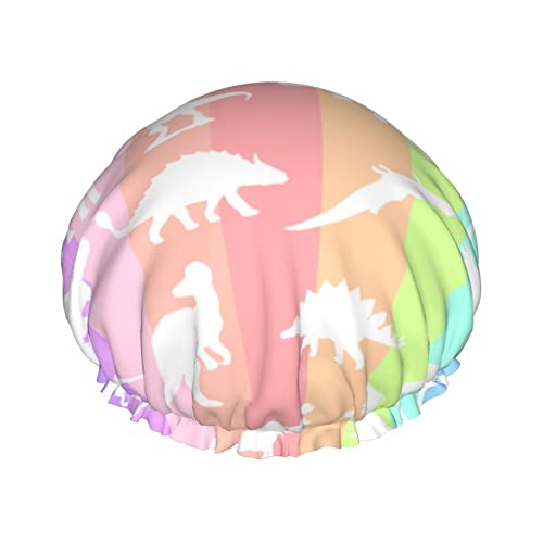 Duschhauben, Regenbogen-Dinosaurier-Badekappe für Damen, wasserdicht und verstellbar, doppellagige Duschhaube von GQWJKSZ
