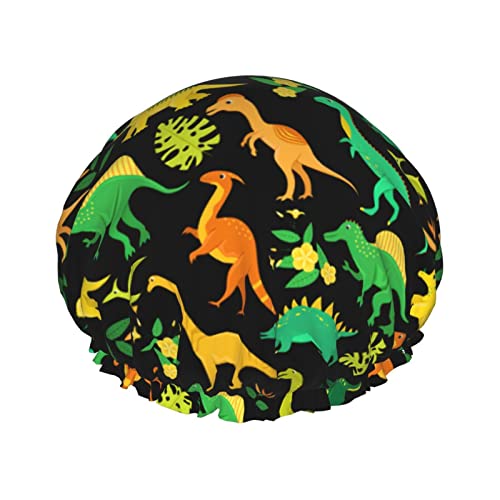 Luxuriöse Duschhaube für Damen, Cartoon-Dinosaurier, Palmenblätter, wasserdicht, wiederverwendbar, modische Duschmütze mit elastischem, verstellbarem, elastischem Saum, Bademütze von GQWJKSZ