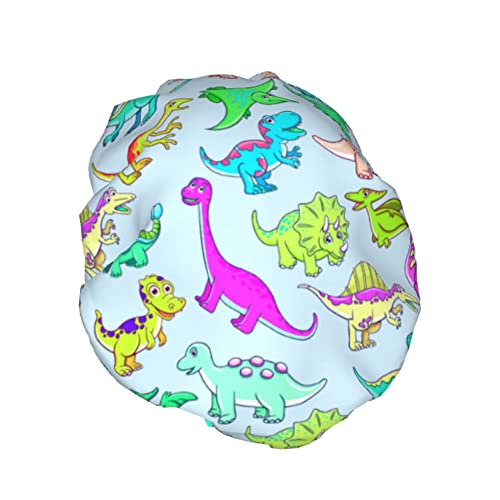 Niedliche Dinosaurier-Duschhaube für Damen, wasserdicht, wiederverwendbar, PEVA-Futter, doppelter Schutz, elastischer Saum für alle langen Haare, Bademütze von GQWJKSZ