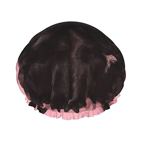 Niedliche schwarze Duschhaube mit Mops-Motiv für Damen, wiederverwendbare Duschhaube aus doppellagigem Stoff, Haarkappe für Mädchen von GQWJKSZ