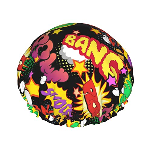 Schwarze Comic-Buch-Explosion-Duschhaube, wasserdichte Luxus-Duschhauben für Frauen, wiederverwendbare Bade-Haarkappe, modische Duschmütze mit Gummizug, einfach zu tragen von GQWJKSZ