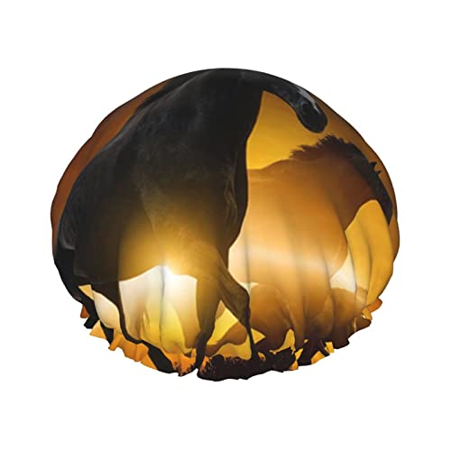 Schwarze Pferde, rote leuchtende Wolken, bedruckte Duschhaube für Frauen, wiederverwendbare doppellagige Stoff-Duschhauben, Haarkappen für Mädchen Schwarze Pferde, rote leuchtende Wolken, bedruckte Duschhaube für Frauen, wiederverwendbare doppellagige Stoff-Duschhauben, Haarkappen für Mädchen von GQWJKSZ