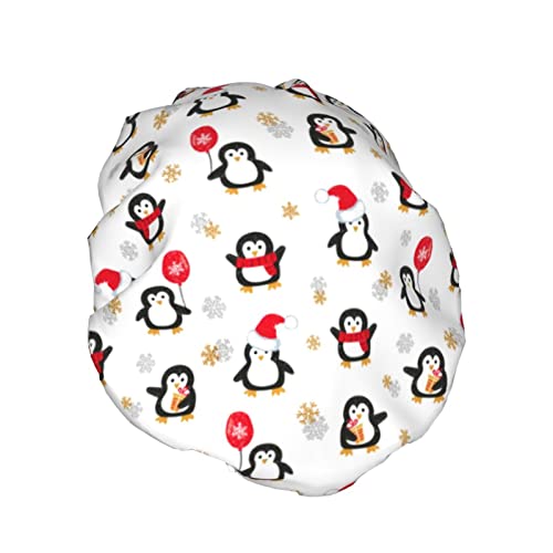 Weihnachts-Pinguin-Schneeflocken-Duschhaube für Damen, wasserdicht, wiederverwendbar, PEVA-Futter, verstellbarer elastischer Saum für alle langen Haare, Bademütze von GQWJKSZ