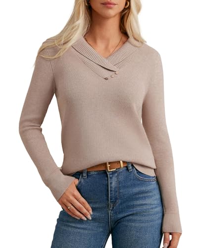 2025 Damen Vintage V-Ausschnitt Solid Farbe Basic Pullover Party Weihnachten Dating Festlich Oberteil Aprikose XL von GRACE KARIN