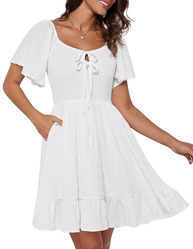 2025 Frauen Sommer Rüschenärmel A-Linien Freizeitkleid Elegant Rundhalsausschnitt Kleider mit Rüschensaum Weiß M von GRACE KARIN