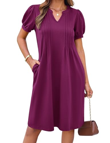 A Linie Kuzarm Einfarbige Sommer Kleider Damen Freizeitkleider Elegant für Hochzeit Basic Halbarm Hemdkleid Lilarot M von GRACE KARIN