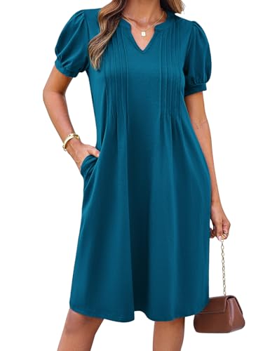 A Linie Kuzarm Einfarbige Sommer Kleider Damen Freizeitkleider Elegant für Hochzeit Basic Halbarm Hemdkleid Pfauenblau M von GRACE KARIN