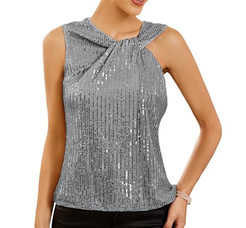 Ärmelloses Spaghettiträger-Top für Damen Festlich Sparkle Shimmer Weste Casual Solide Farbe Schmale Passform Shirt Silbergrau XXL von GRACE KARIN