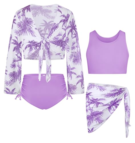 Badeanzug für Mädchen Langarm lila Kokosnussbaum Taniki Bikini Badeanzug für Mädchen Größe 6-7 von GRACE KARIN