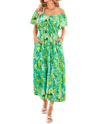 Boho Kleid Damen Geblümt Kleid Rüschenärmel A-Linie Sommerkleid V-Ausschnitt Cocktailkleid Grüne Blumen XXL von GRACE KARIN