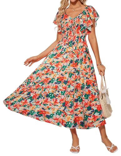 Boho Kleid Damen Geblümt Kleid Rüschenärmel A-Linie Sommerkleid V-Ausschnitt Cocktailkleid Rot-Grüne Blumen XXL von GRACE KARIN