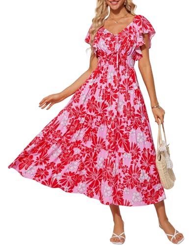 Boho Kleid Damen Geblümt Kleid Rüschenärmel A-Linie Sommerkleid V-Ausschnitt Cocktailkleid Rot-Rosa Blumen XXL von GRACE KARIN