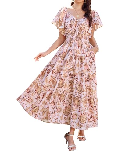 Boho Kleid Damen Geblümt Kleid Rüschenärmel A-Linie Sommerkleid V-Ausschnitt Cocktailkleid Weiß Gelbe Blumen XXL von GRACE KARIN