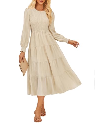 Boho Kleid Damen Rundhals Langarm A Linien Maxikleider Freizeit Sommer Herbst Kleid CL145-02/Aprikose M von GRACE KARIN