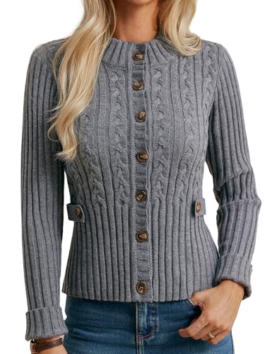 Cardigan Damen Elegant Wintger Stehkragen Langarm Strickjacke Damen Business Outfit mit Knöpfen Grau L von GRACE KARIN