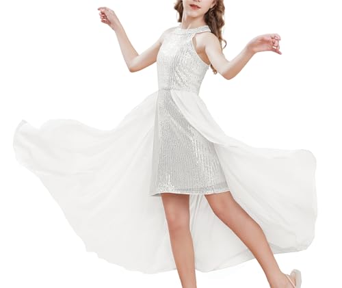 Cute Gril Fashion Pailletten Netzkleid Knielang Neckholder Prinzessinenkleid Elegant A-Linien Mini Kleid Silber 12-14 Jahre von GRACE KARIN