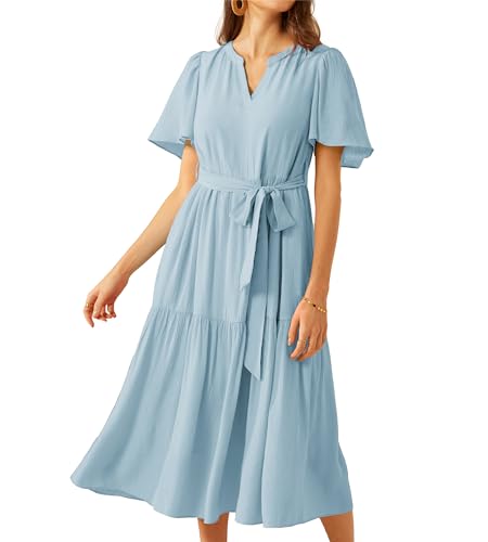 Damem A-Linie Dünne Kurzarm Partykleid Elegant V-Ausschnitt A-Linie Maxi Kleid Langes Swing Strandkleider Blau M von GRACE KARIN