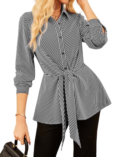 Damen 2025 Herbst Hemd Langarm Taillenbande Wickelbluse Longline Streifen Tunika Office Style Wear Schwarz XL von GRACE KARIN