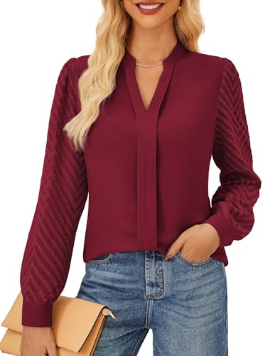 Damen 2025 Herbst Winter Shirt Lockere Casual Langarmshirt Henley V-Ausschnitt Festliche Oberteile Dunkelrot XL Damen 2025 Herbst Winter Shirt Lockere Casual Langarmshirt Henley V-Ausschnitt Festliche Oberteile Dunkelrot XL von GRACE KARIN