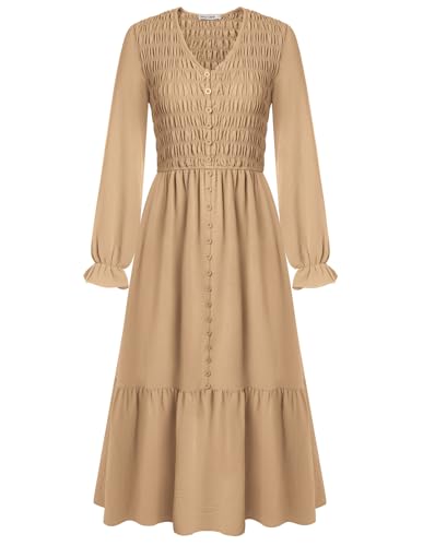 Damen 2025 Langarm Maxikleid Geraffter Oberteile Fließendes Freizeitkleid Gartenparty Hochzeitgast Kleid Khaki L von GRACE KARIN