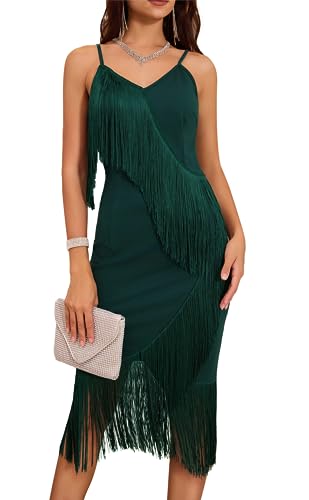 Damen 21er Jahre Kleid Vintage Gatsby Fransenkleid Spaghetii Ärmellos Sexy Midikleid Latein Salsa Tanzkleid Festlich Elegant Cocktail Dunkel Grün XXL von GRACE KARIN